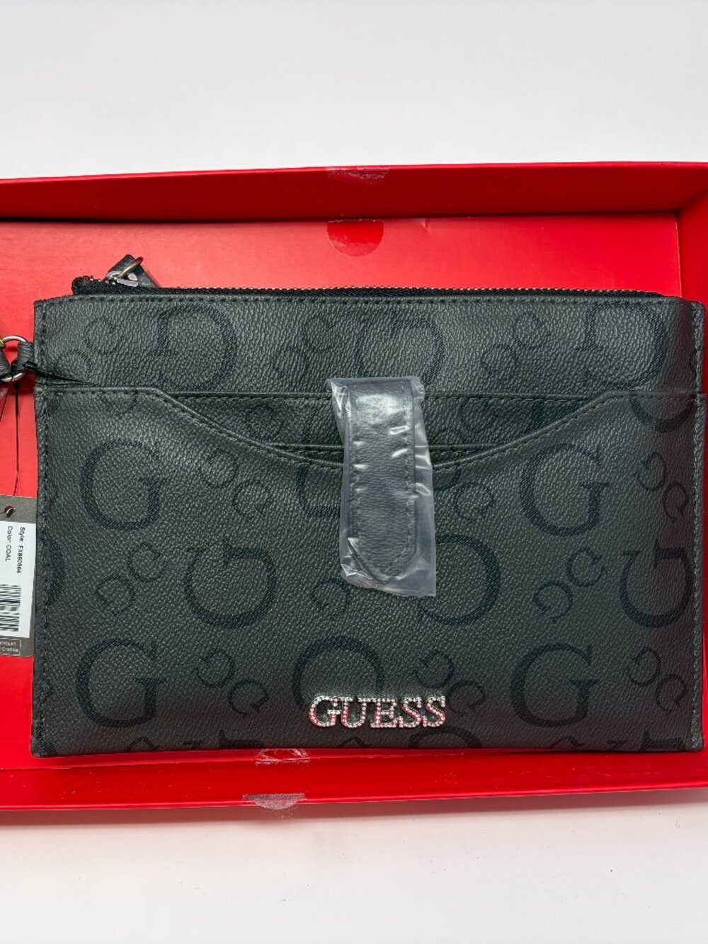 NWT GUESS Gleeson SLG Wristlet Clutch Coal Logo Monogram + Box